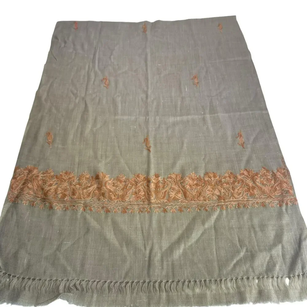 kashmir beige silk embroidered shawl wrap Damage 26 X 76 In